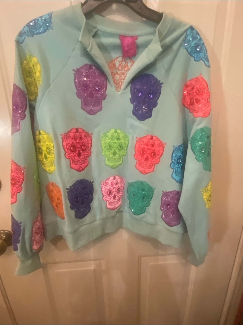 QOS- Light Aqua with Neon Sequin Sugar Skulls  NWOT